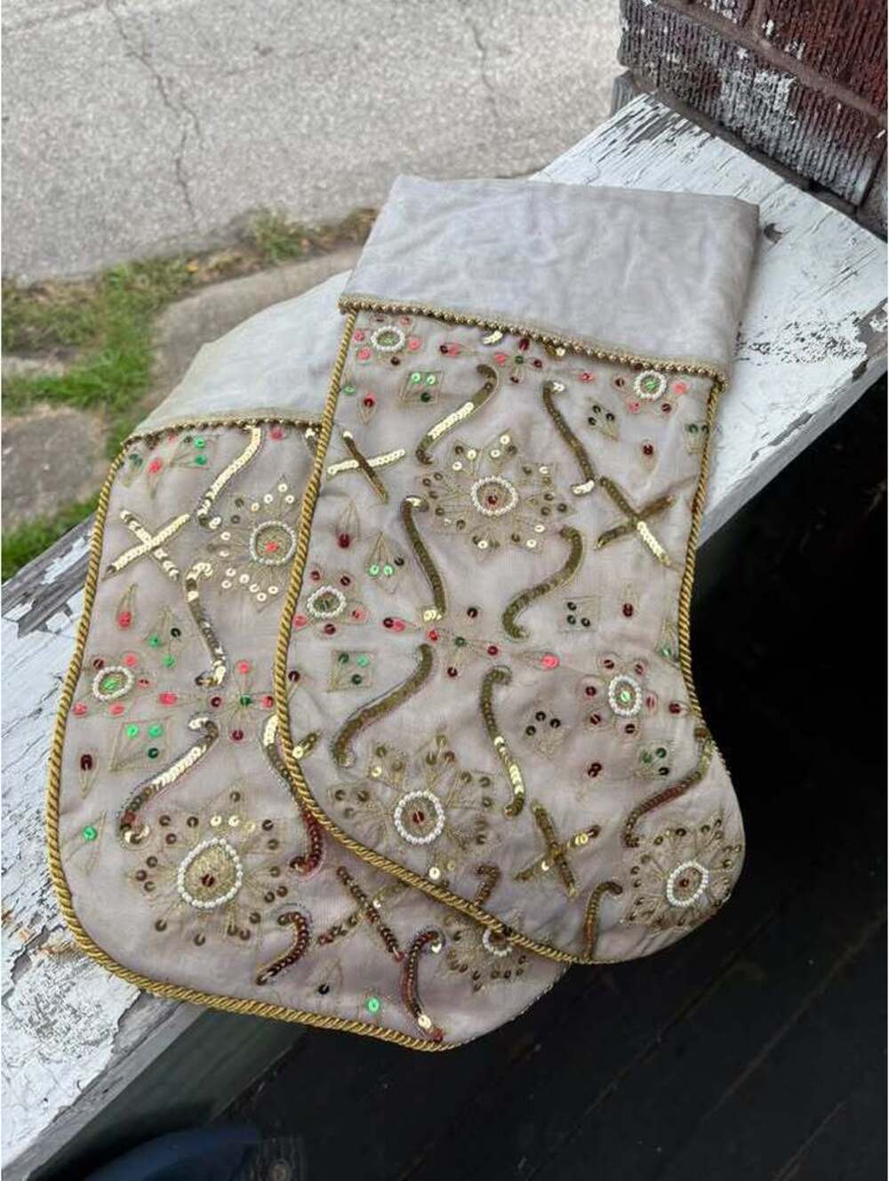 Set of 2 Beaded and Sequined Silk Christmas Stockings